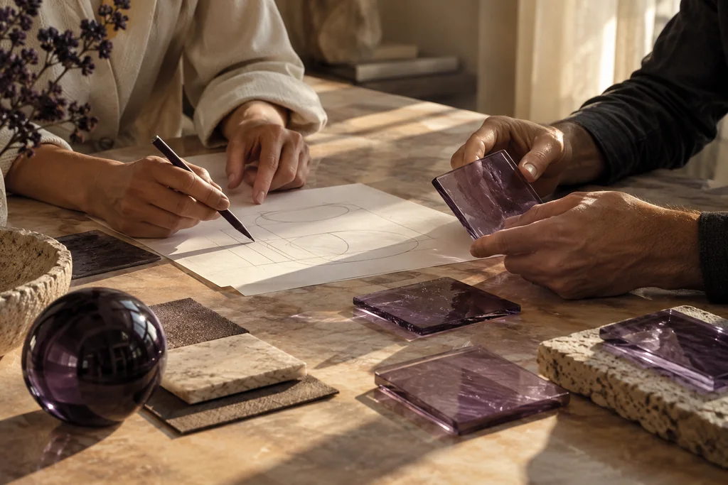 Deux personnes échangent autour d’un croquis et de matériaux en verre violet, sur une table couleur sandstone.